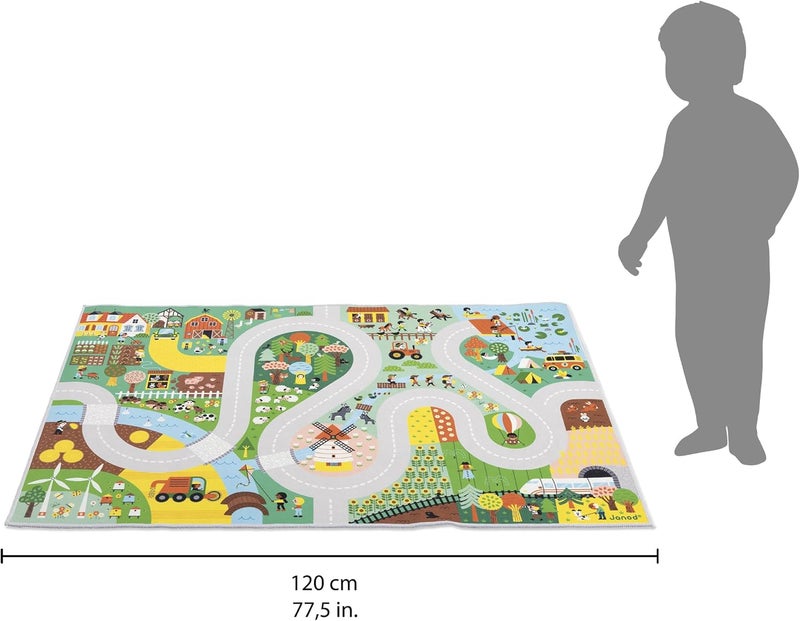 Janod - Children's Car Rug - Countryside Theme - Soft & Non-Slip - Farm & Forest Pattern - Play Rug for Girls & Boys' Bedrooms - 120 x 78cm - Hand Washable - from 2 Years Old - J05930 - Image 3
